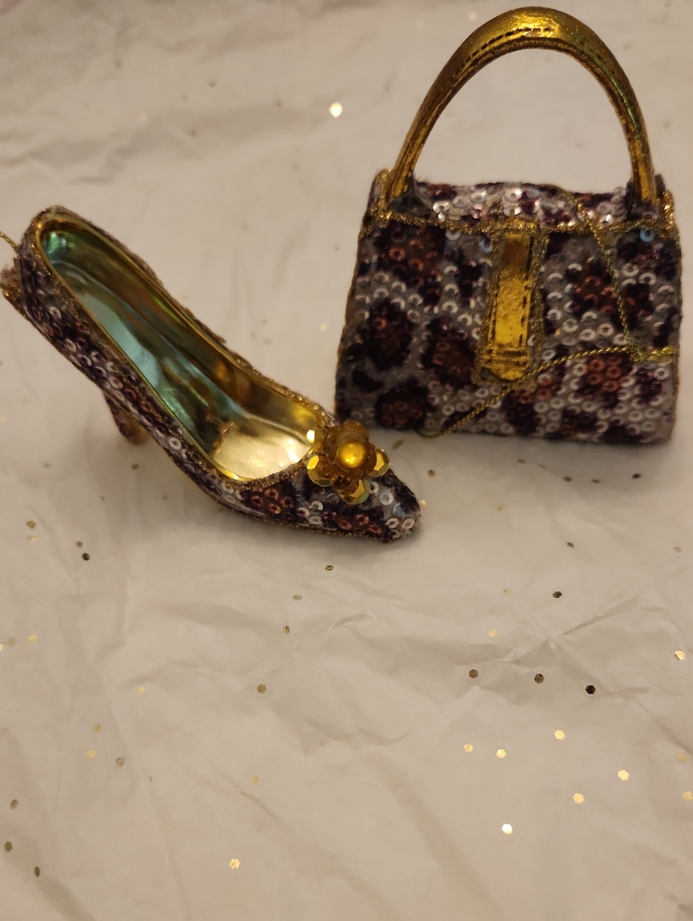 Gold-Trim Brown And White Sequin Shoe & Handbag Ornament Set